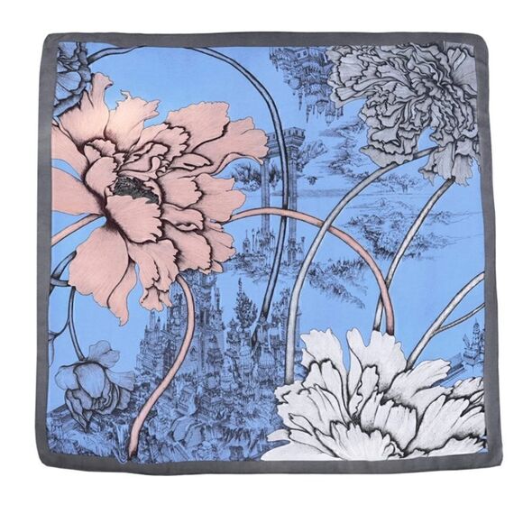Blue Floral Silky Scarf 